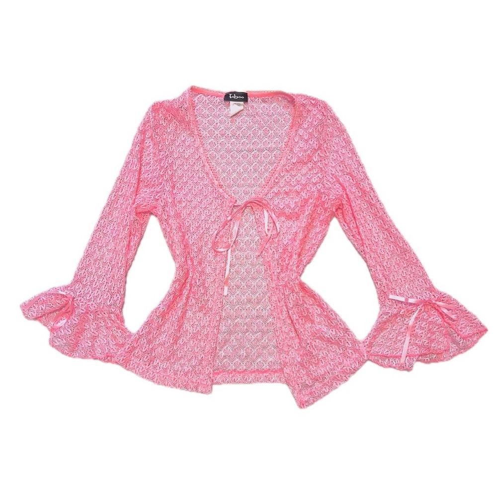 vtg 90s Taboo pastel pink crochet cardigan w/ bows ruffled sleeves